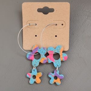 Blue Flower Clay Hoop Dangle Earrings